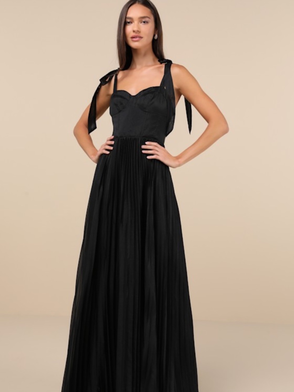 Lulus Attentive Elegance Black Tie-strap Bustier Pleated Maxi Dress - Size XS
